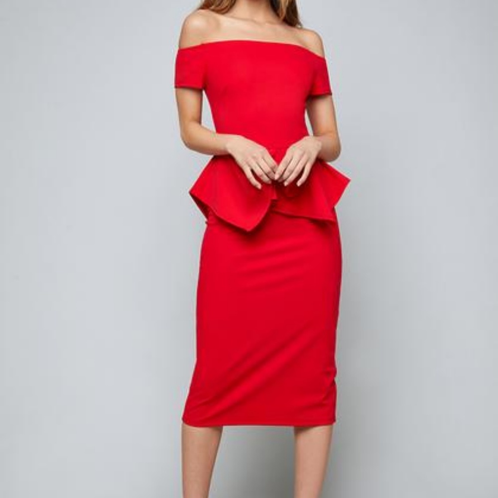 NWT red off-shoulder peplum midi dress - Picture 3 of 8